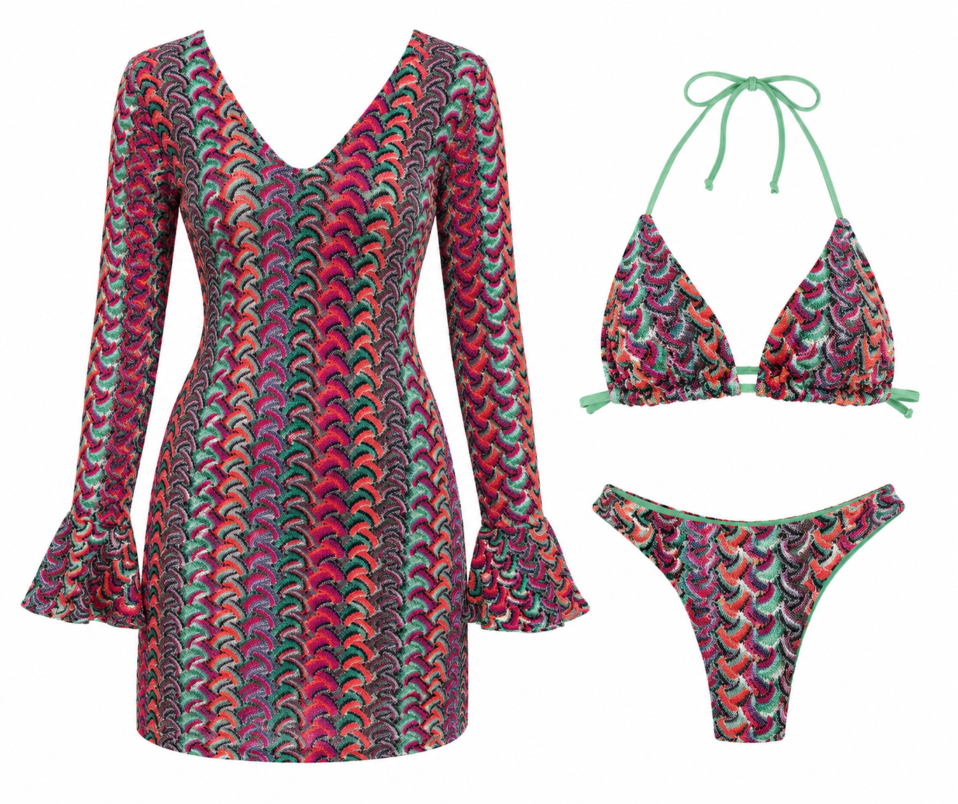Amalfi 3-Piece Bikini Set – Raspberry Green