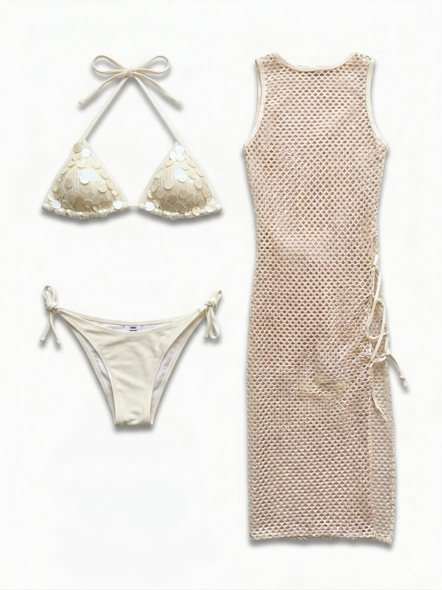 Ibiza Sequin 3-Piece Bikini Set – Pearl White