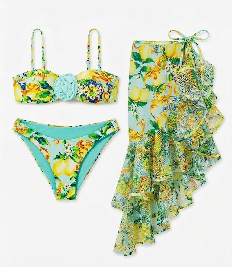 Amalfi 3-Piece Bikini & Pareo Set – Lemon Breeze