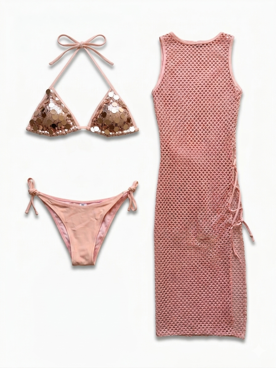 Ibiza Sequin 3-Piece Bikini Set – Blush Pink
