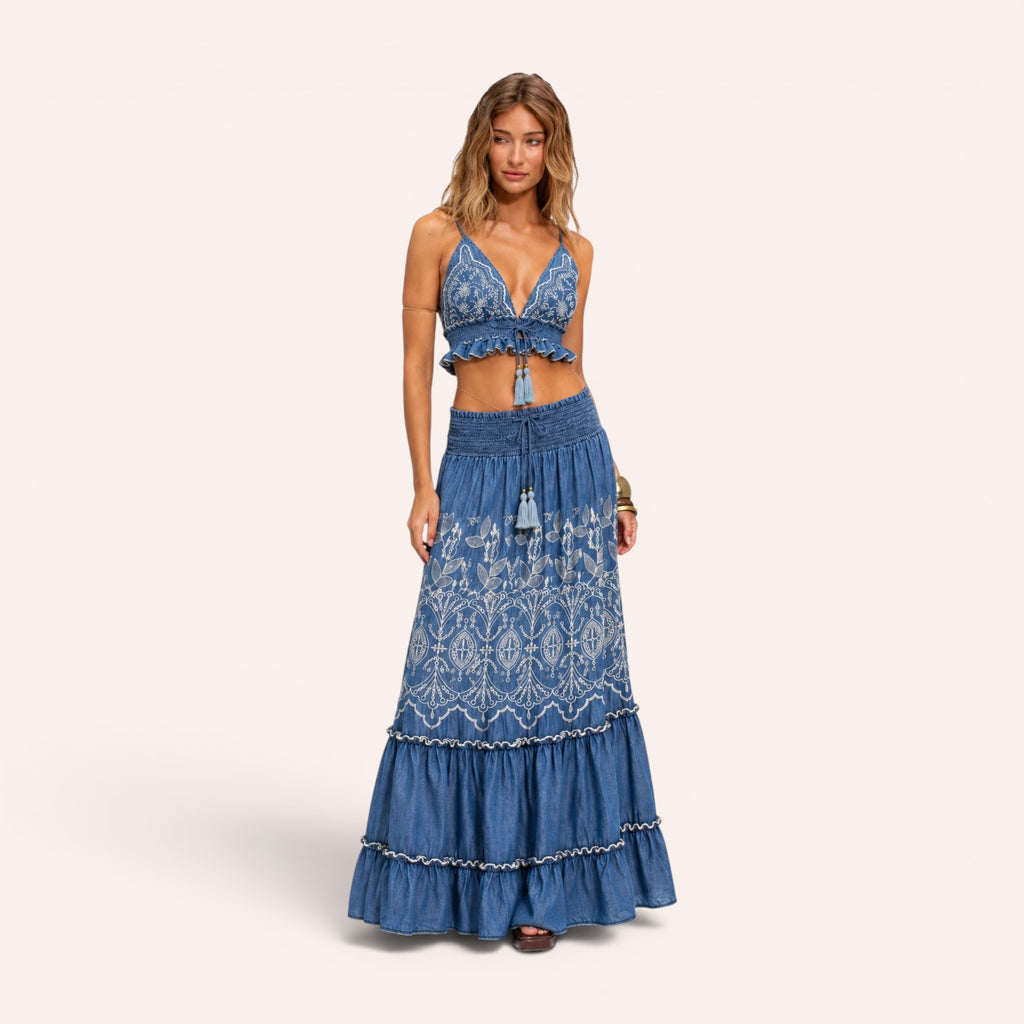 Marbella Embroidered Denim Set - Light Denim