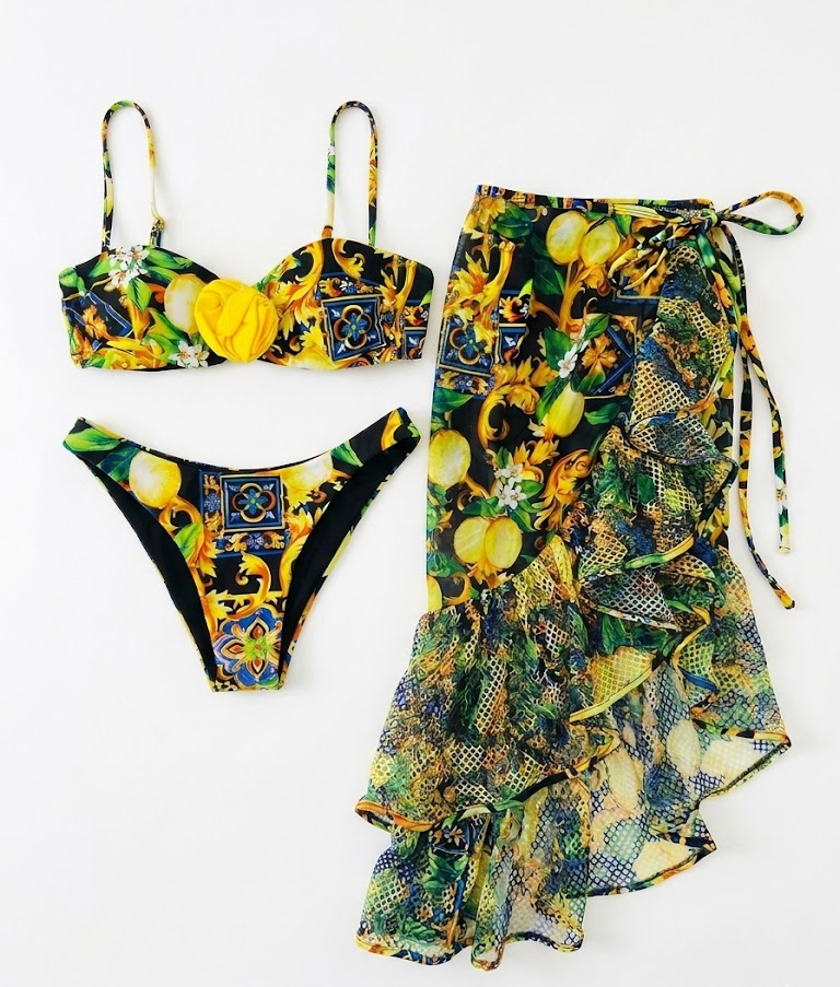 Amalfi 3-Piece Bikini & Pareo Set – Black Baroque