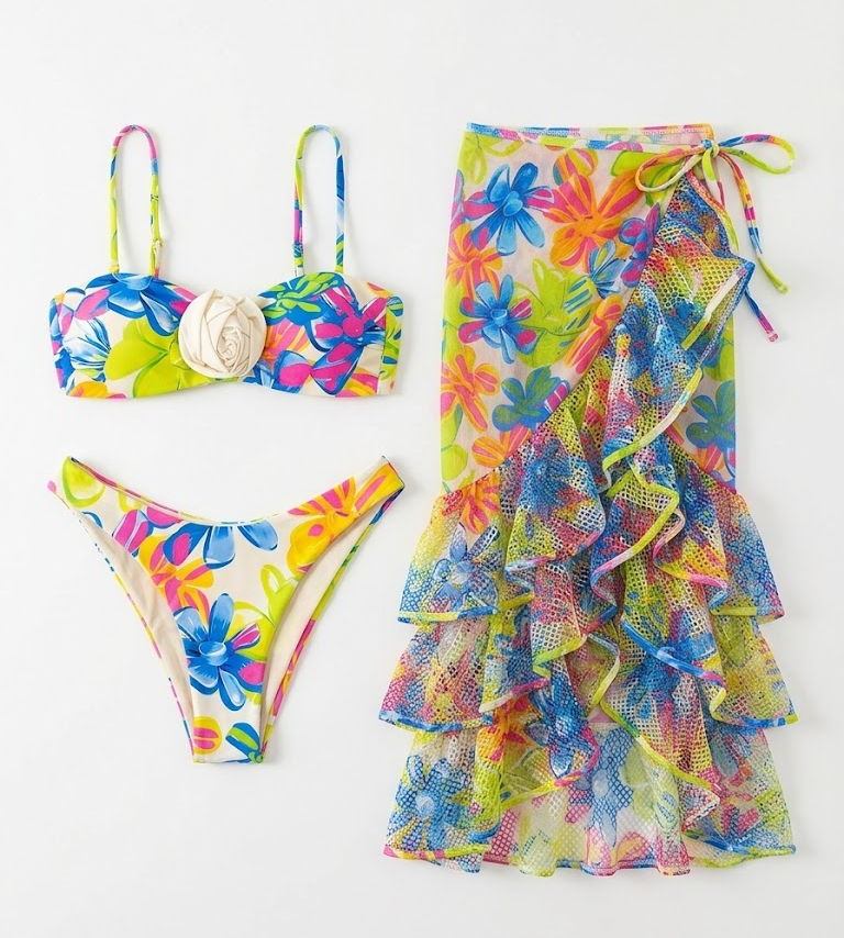 Amalfi 3-Piece Bikini & Pareo Set – Tropical Bloom