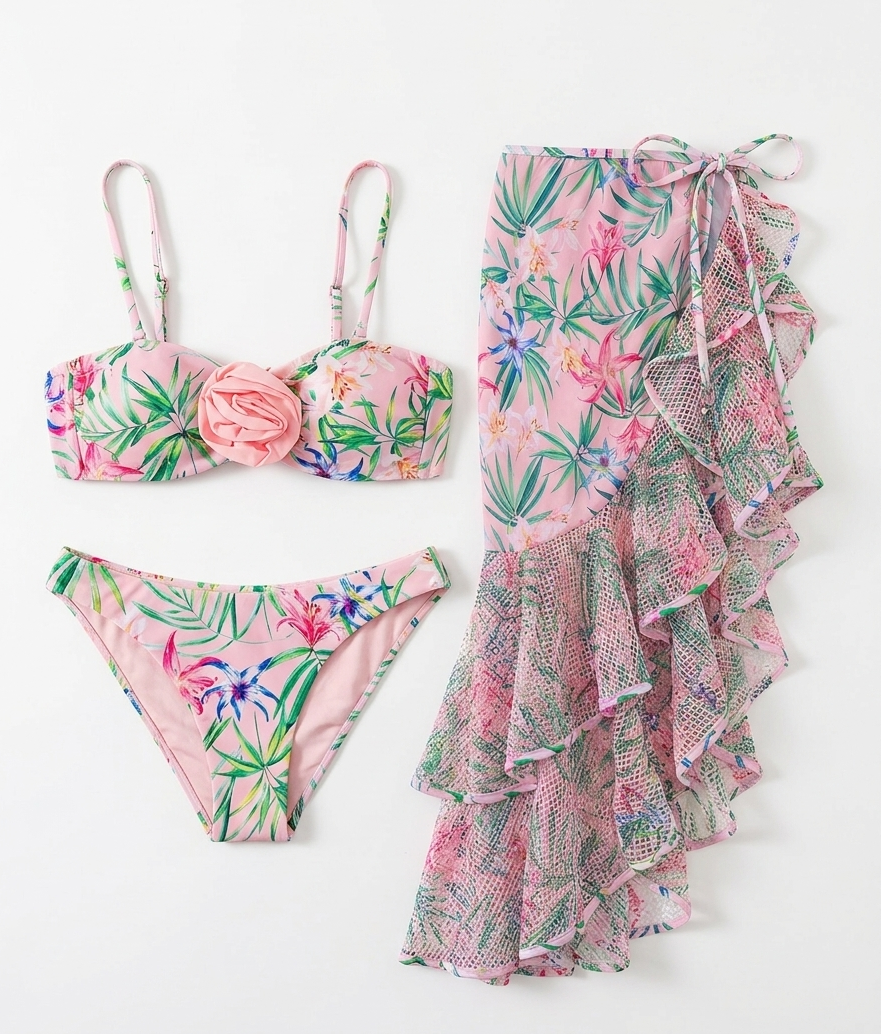 Amalfi 3-Piece Bikini & Pareo Set – Pink Tropical