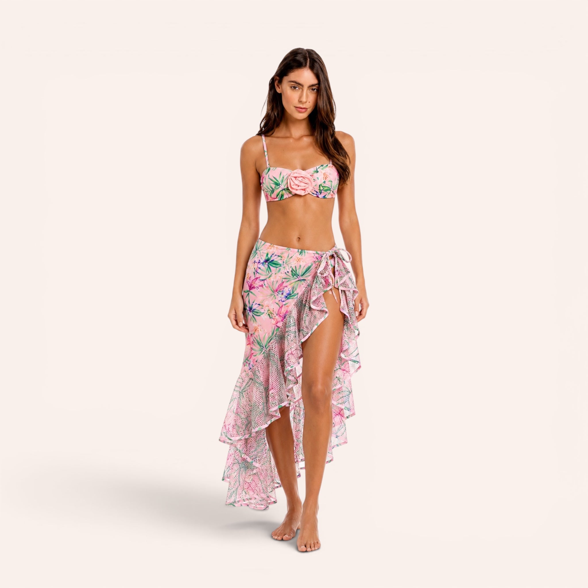 Amalfi 3-Piece Bikini & Pareo Set – Pink Tropical
